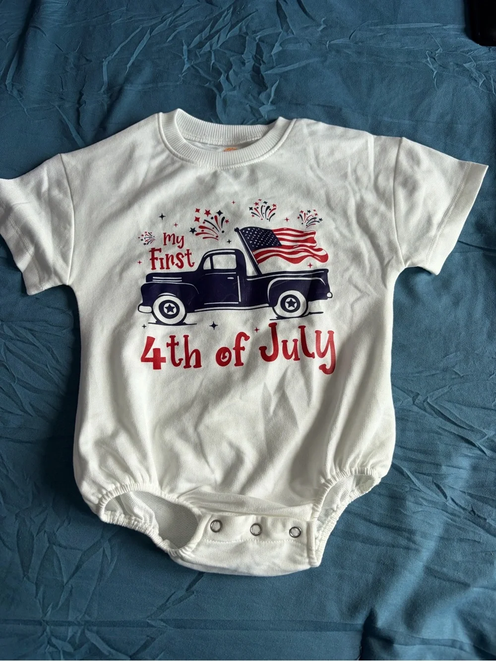 My First 4th of July White Baby Onesie with Truck Graphic